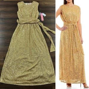 LDT Dillards Women's Size 4 Gold Sequin Ivy Goddess Long Gown Dress‎